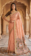 Mameraa Sarees Soft Pure Muga Cotton Saree With Meenakari Weaving Motifs And Contrast Blouse-Peach | Grocsy