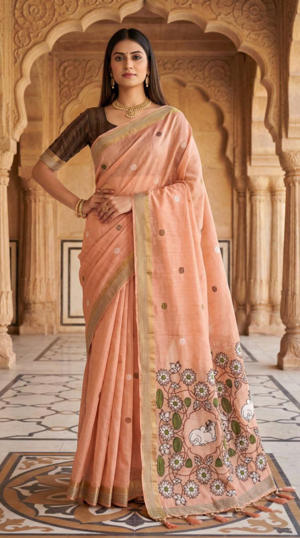 Mameraa Sarees Soft Pure Muga Cotton Saree With Meenakari Weaving Motifs And Contrast Blouse-Peach | Grocsy