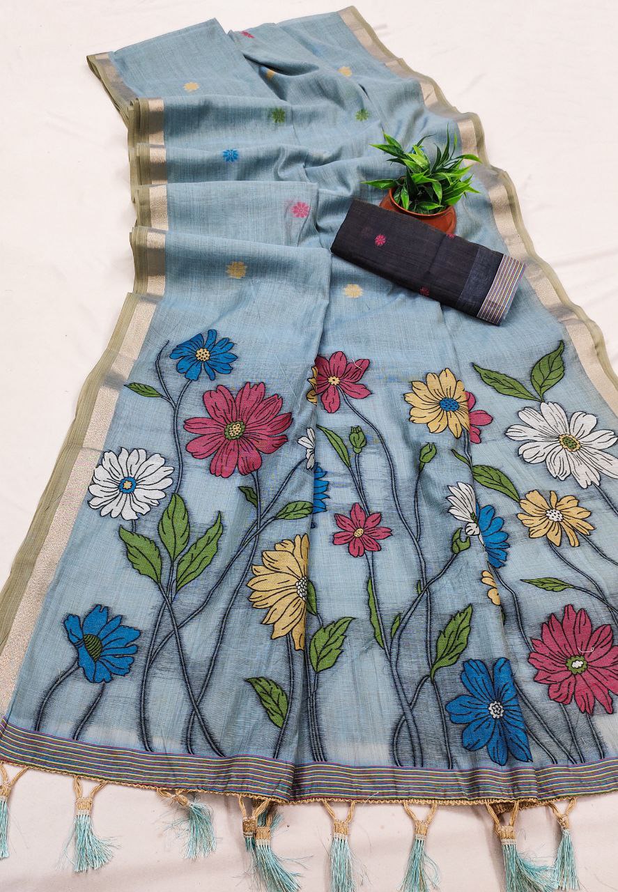Mameraa Sarees Soft Pure Muga Cotton Saree With Meenakari Weaving Motifs And Contrast Blouse-Sky_Blue | Grocsy