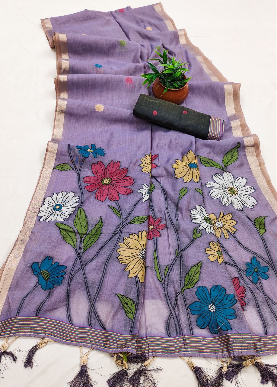 Mameraa Sarees Soft Pure Muga Cotton Saree With Meenakari Weaving Motifs And Contrast Blouse-Lavender | Grocsy