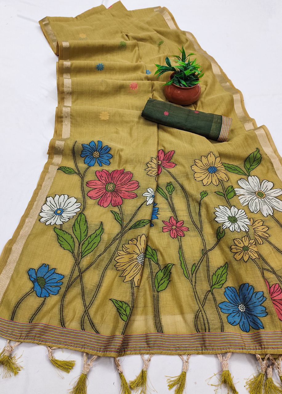 Mameraa Sarees Soft Pure Muga Cotton Saree With Meenakari Weaving Motifs And Contrast Blouse-Gold | Grocsy