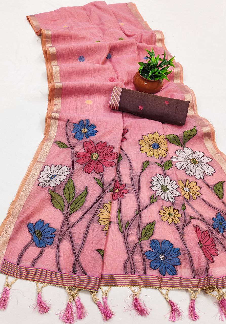 Mameraa Sarees Soft Pure Muga Cotton Saree With Meenakari Weaving Motifs And Contrast Blouse-Baby_Pink | Grocsy