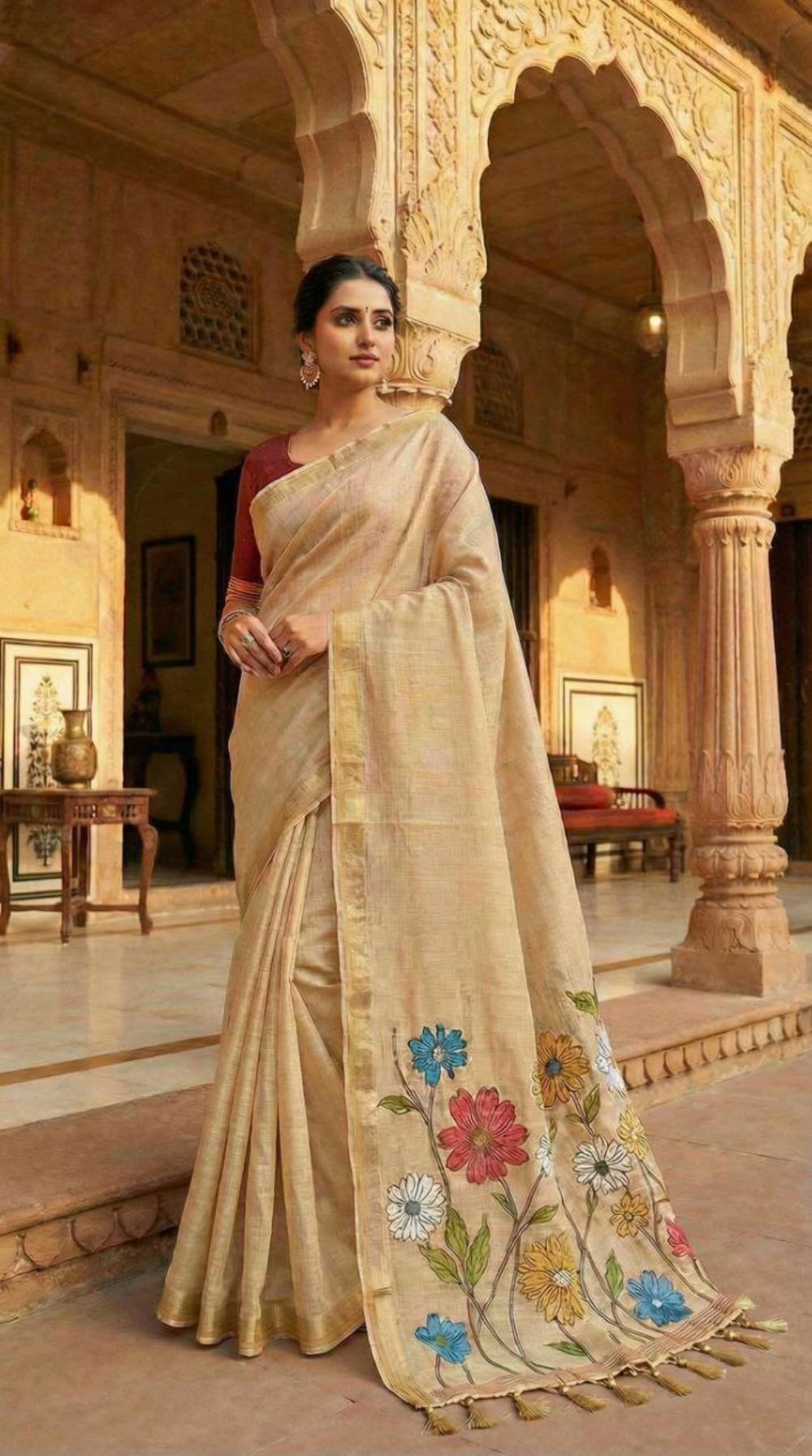 Mameraa Sarees Soft Pure Muga Cotton Saree With Meenakari Weaving Motifs And Contrast Blouse-Cream | Grocsy