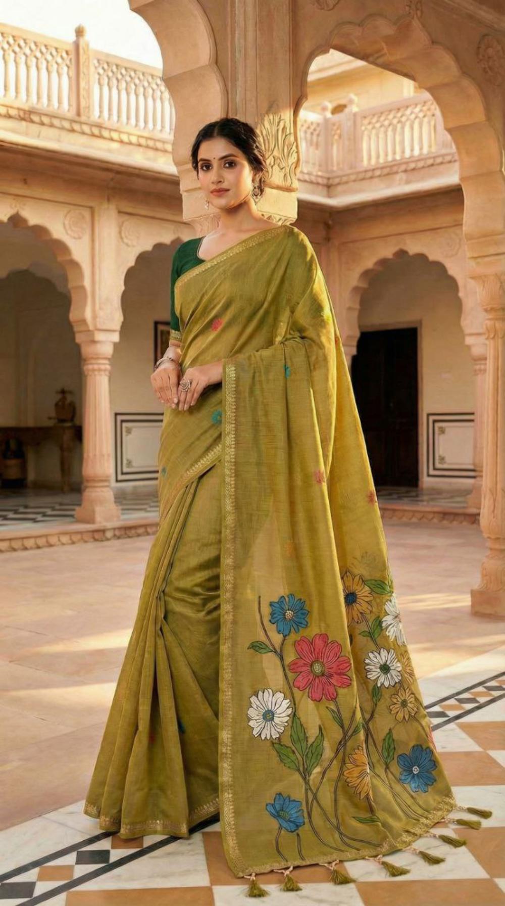 Mameraa Sarees Soft Pure Muga Cotton Saree With Meenakari Weaving Motifs And Contrast Blouse-Gold | Grocsy
