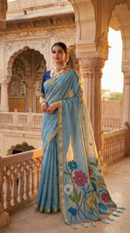 Mameraa Sarees Soft Pure Muga Cotton Saree With Meenakari Weaving Motifs And Contrast Blouse-Sky_Blue | Grocsy