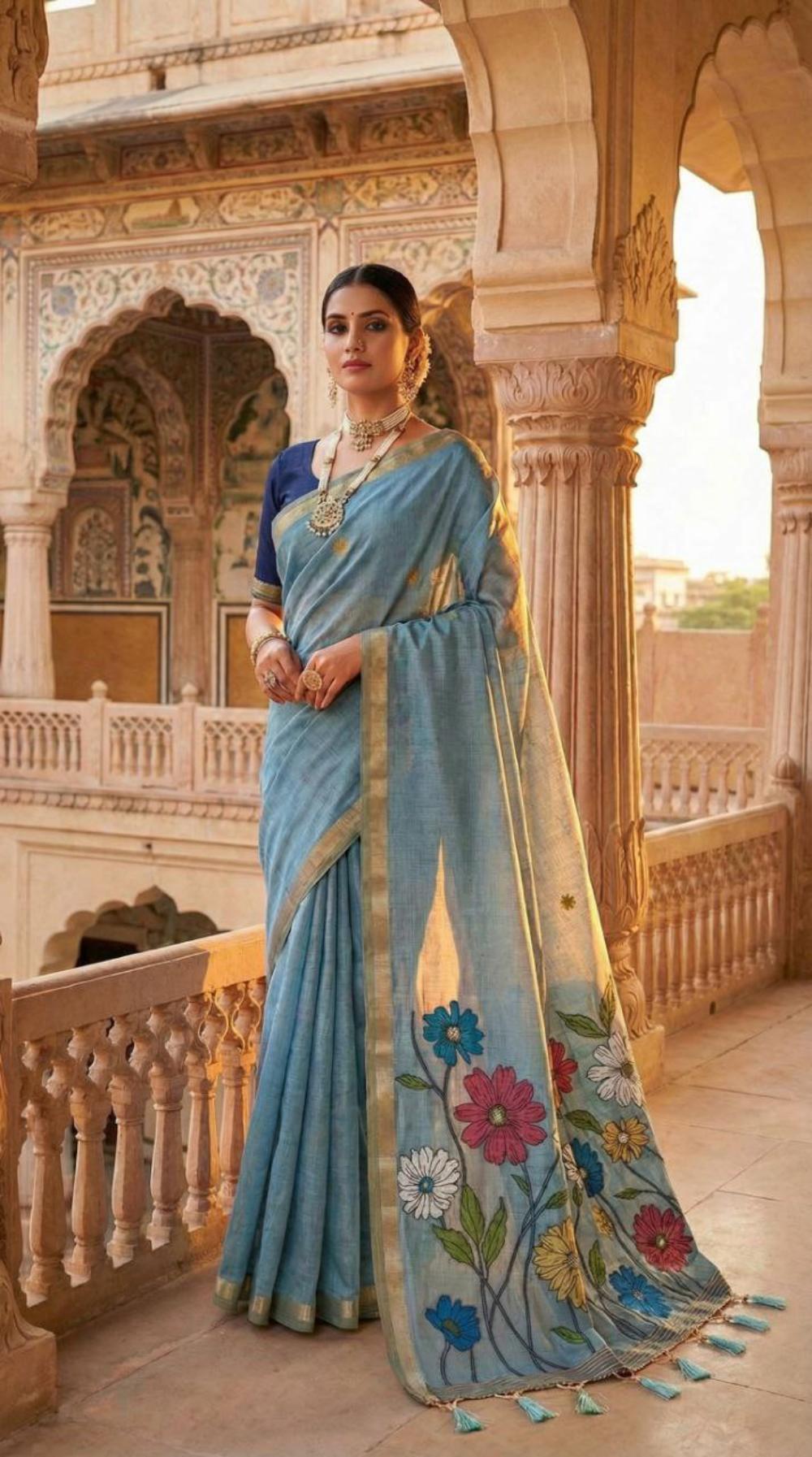 Mameraa Sarees Soft Pure Muga Cotton Saree With Meenakari Weaving Motifs And Contrast Blouse-Sky_Blue | Grocsy