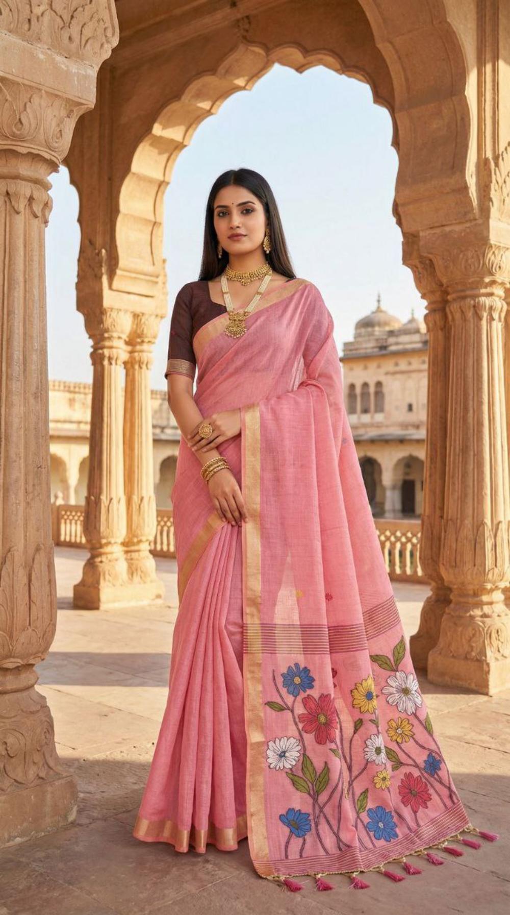 Mameraa Sarees Soft Pure Muga Cotton Saree With Meenakari Weaving Motifs And Contrast Blouse-Baby_Pink | Grocsy