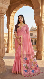 Mameraa Sarees Soft Pure Muga Cotton Saree With Meenakari Weaving Motifs And Contrast Blouse-Baby_Pink | Grocsy