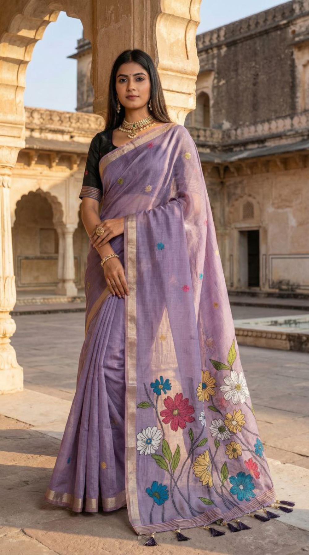 Mameraa Sarees Soft Pure Muga Cotton Saree With Meenakari Weaving Motifs And Contrast Blouse-Lavender | Grocsy