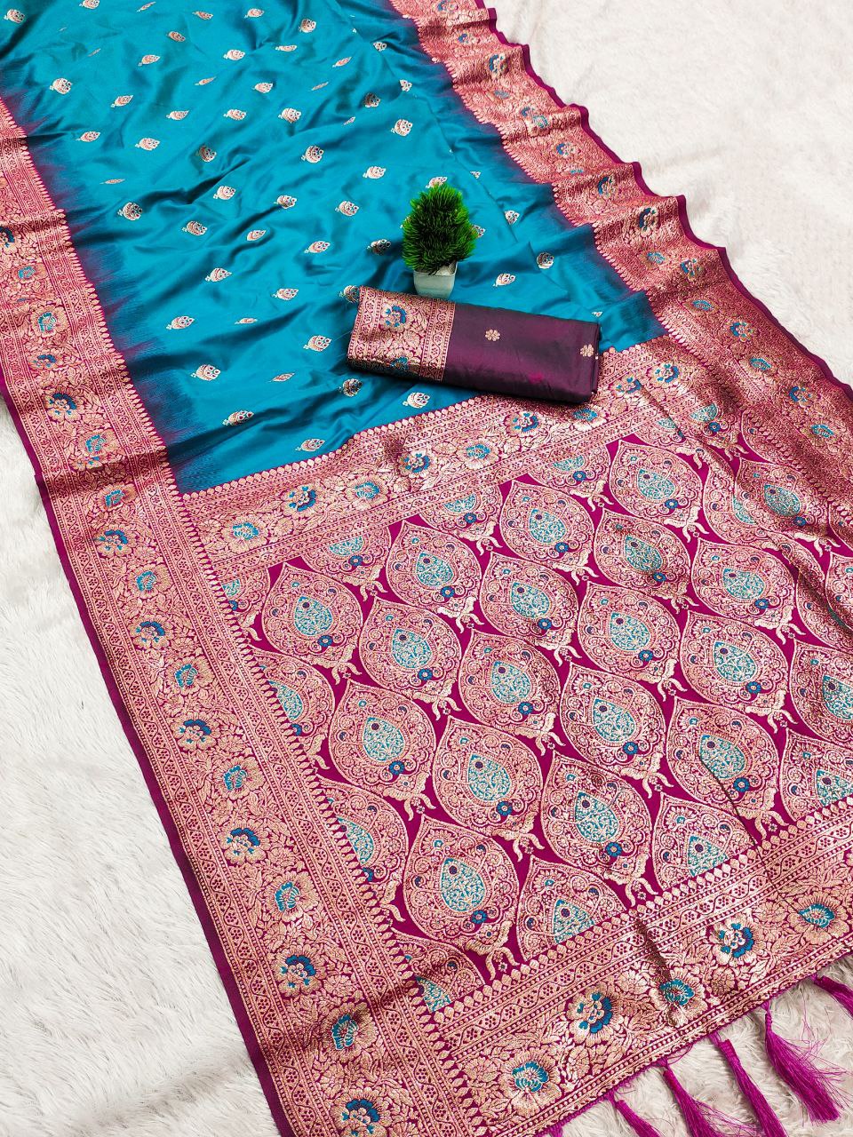 Mameraa Sarees Sea Green Soft Banarasi Silk Saree With Zari Weaving Meenakari Design-Sea_Green | Grocsy