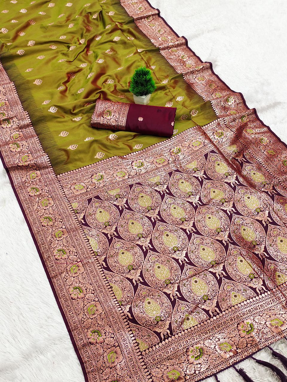 Mameraa Sarees Mehndi Soft Banarasi Silk Saree With Zari Weaving Meenakari Design-Mehendi | Grocsy