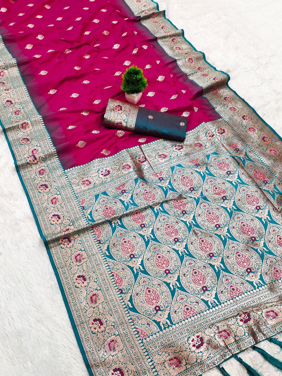 Mameraa Sarees Pink Soft Banarasi Silk Saree With Zari Weaving Meenakari Design-Pink | Grocsy