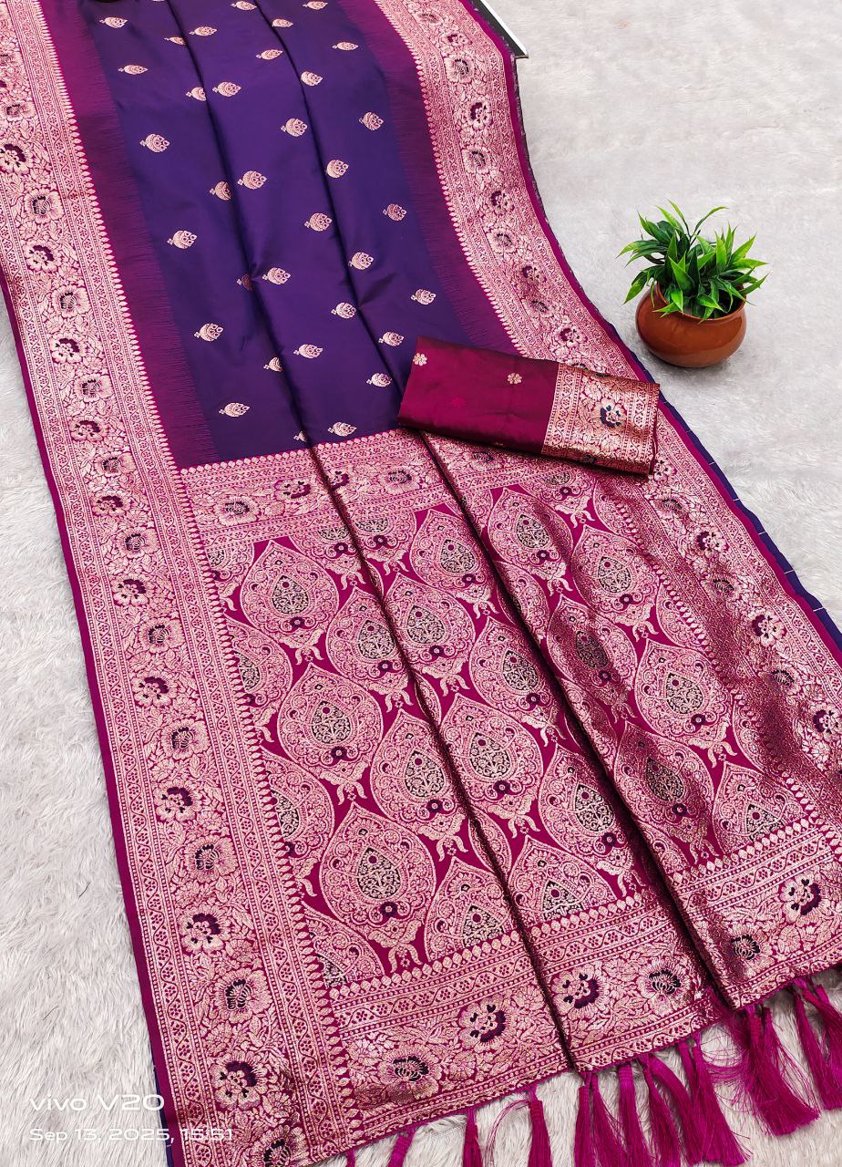 Mameraa Sarees Violet Soft Banarasi Silk Saree With Zari Weaving Meenakari Design-Violet | Grocsy