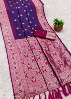 Mameraa Sarees Violet Soft Banarasi Silk Saree With Zari Weaving Meenakari Design-Violet | Grocsy