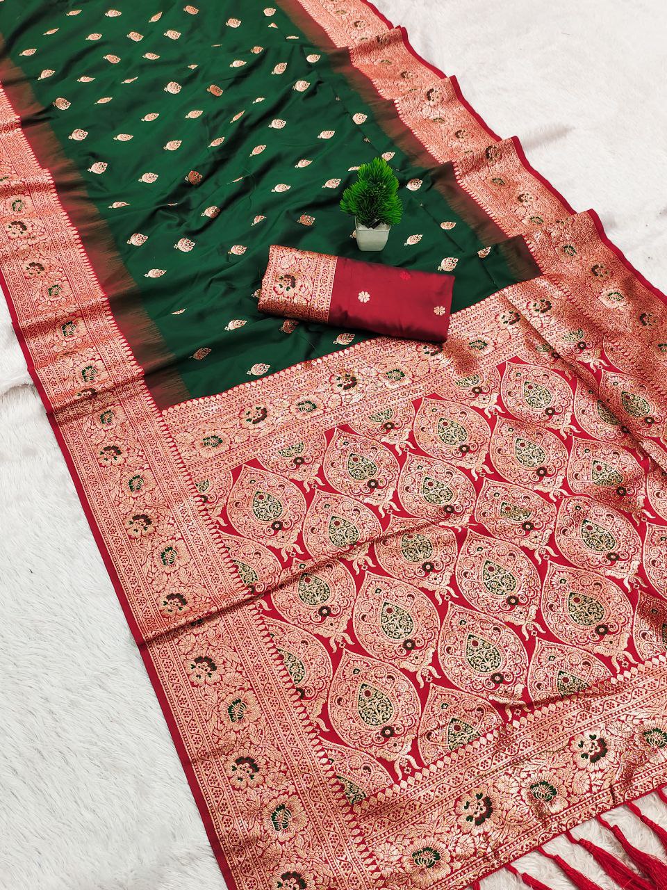 Mameraa Sarees Green Soft Banarasi Silk Saree With Zari Weaving Meenakari Design-Green | Grocsy
