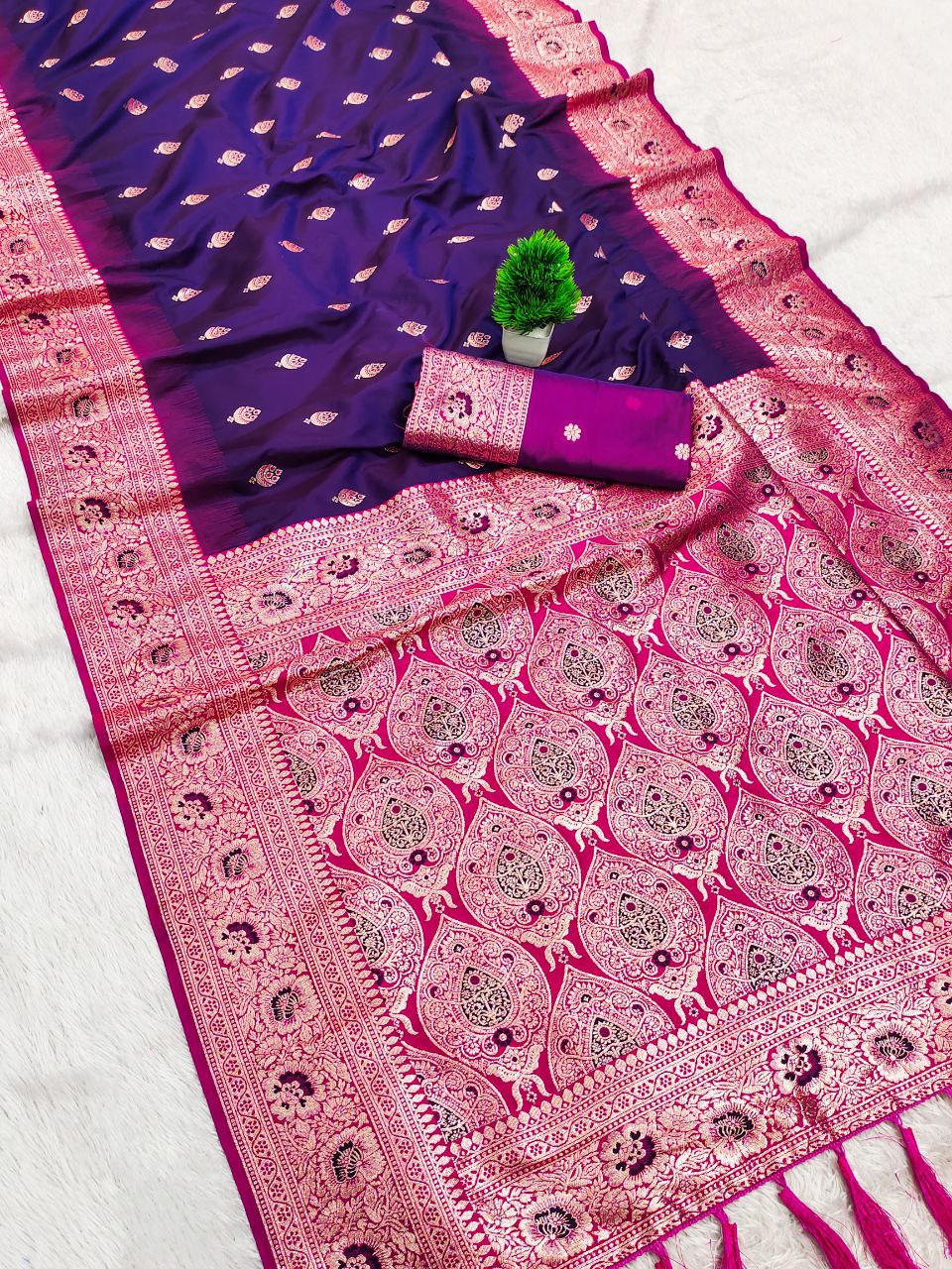 Mameraa Sarees Violet Soft Banarasi Silk Saree With Zari Weaving Meenakari Design-Violet | Grocsy