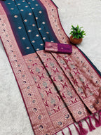 Mameraa Sarees Teal Blue Soft Banarasi Silk Saree With Zari Weaving Meenakari Design-Teal | Grocsy