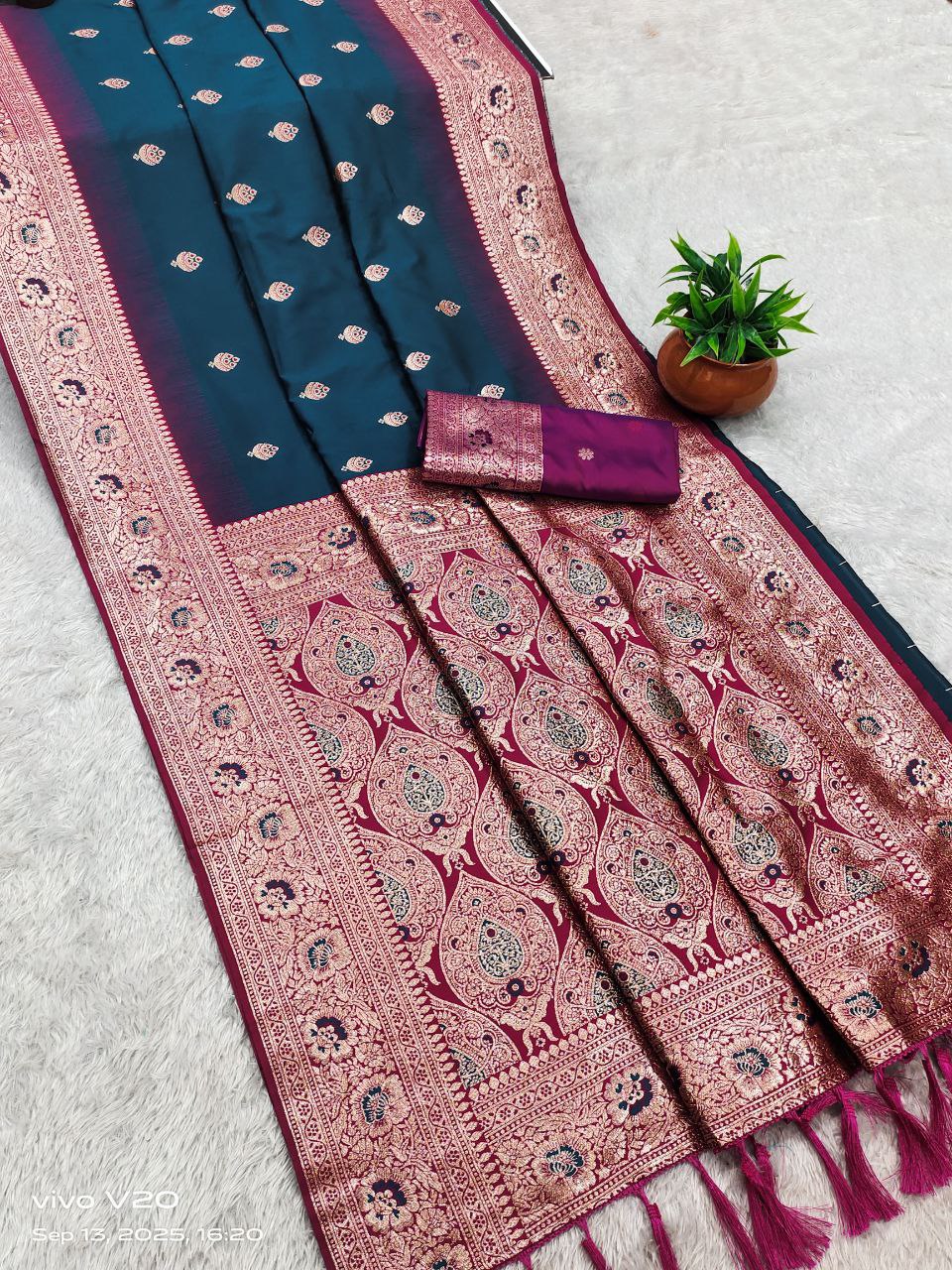 Mameraa Sarees Teal Blue Soft Banarasi Silk Saree With Zari Weaving Meenakari Design-Teal | Grocsy