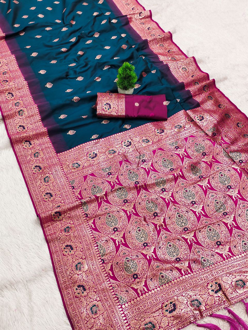 Mameraa Sarees Teal Blue Soft Banarasi Silk Saree With Zari Weaving Meenakari Design-Teal | Grocsy