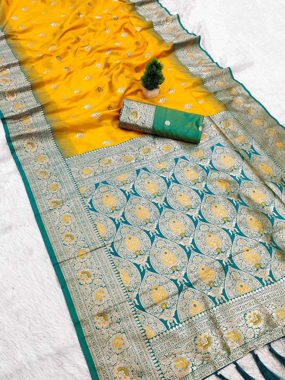 Mameraa Sarees Yellow Soft Banarasi Silk Saree With Zari Weaving Meenakari Design-Yellow | Grocsy
