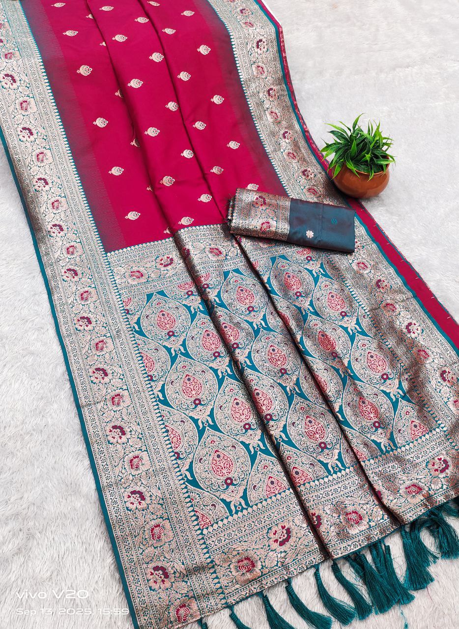 Mameraa Sarees Pink Soft Banarasi Silk Saree With Zari Weaving Meenakari Design-Pink | Grocsy