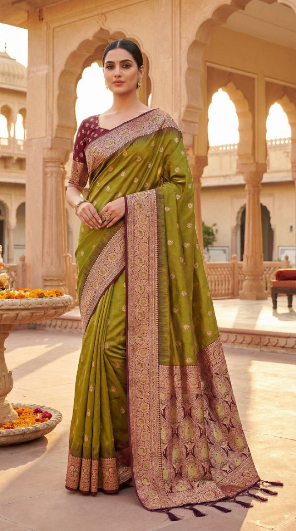 Mameraa Sarees Mehndi Soft Banarasi Silk Saree With Zari Weaving Meenakari Design-Mehendi | Grocsy