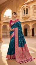 Mameraa Sarees Teal Blue Soft Banarasi Silk Saree With Zari Weaving Meenakari Design-Teal | Grocsy