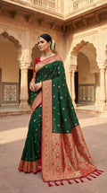 Mameraa Sarees Green Soft Banarasi Silk Saree With Zari Weaving Meenakari Design-Green | Grocsy