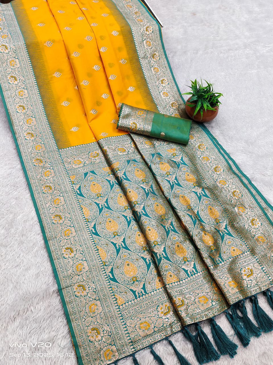 Mameraa Sarees Yellow Soft Banarasi Silk Saree With Zari Weaving Meenakari Design-Yellow | Grocsy
