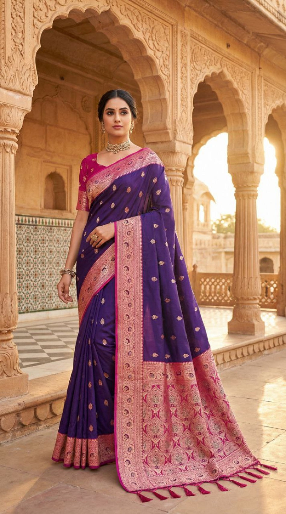 Mameraa Sarees Violet Soft Banarasi Silk Saree With Zari Weaving Meenakari Design-Violet | Grocsy