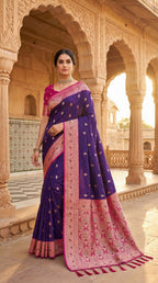 Mameraa Sarees Violet Soft Banarasi Silk Saree With Zari Weaving Meenakari Design-Violet | Grocsy