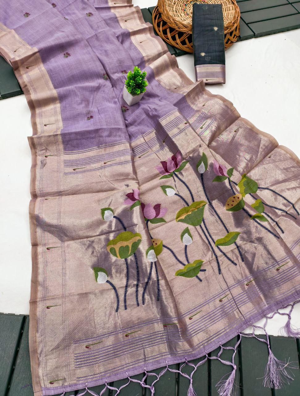 Mameraa Sarees Soft Pure Muga Cotton Saree With Meenakari Weaving Motifs And Contrast Blouse-Lavender | Grocsy