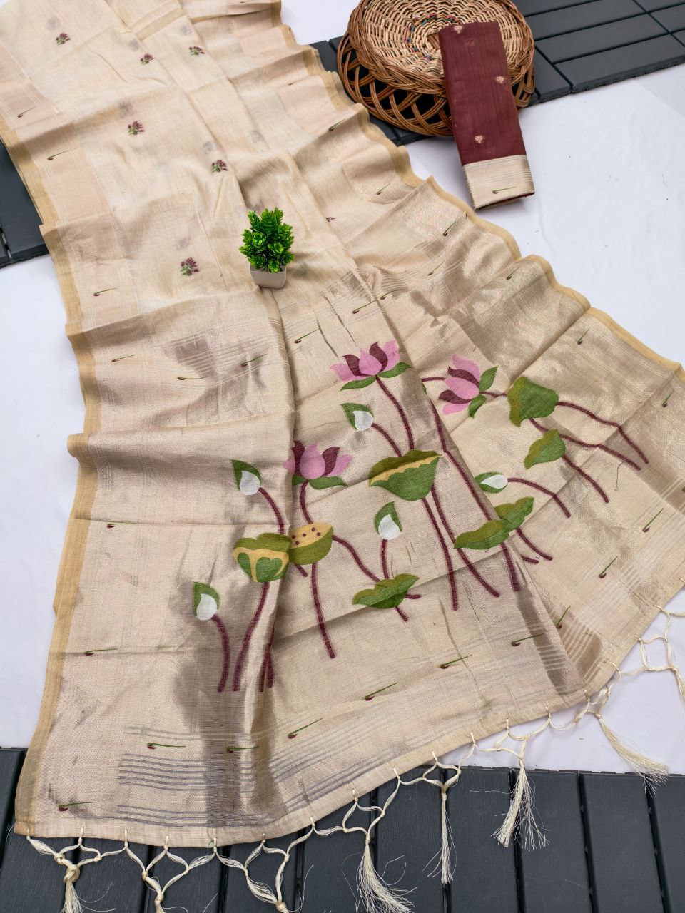 Mameraa Sarees Soft Pure Muga Cotton Saree With Meenakari Weaving Motifs And Contrast Blouse-Cream | Grocsy