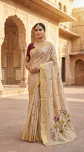 Mameraa Sarees Soft Pure Muga Cotton Saree With Meenakari Weaving Motifs And Contrast Blouse-Cream | Grocsy
