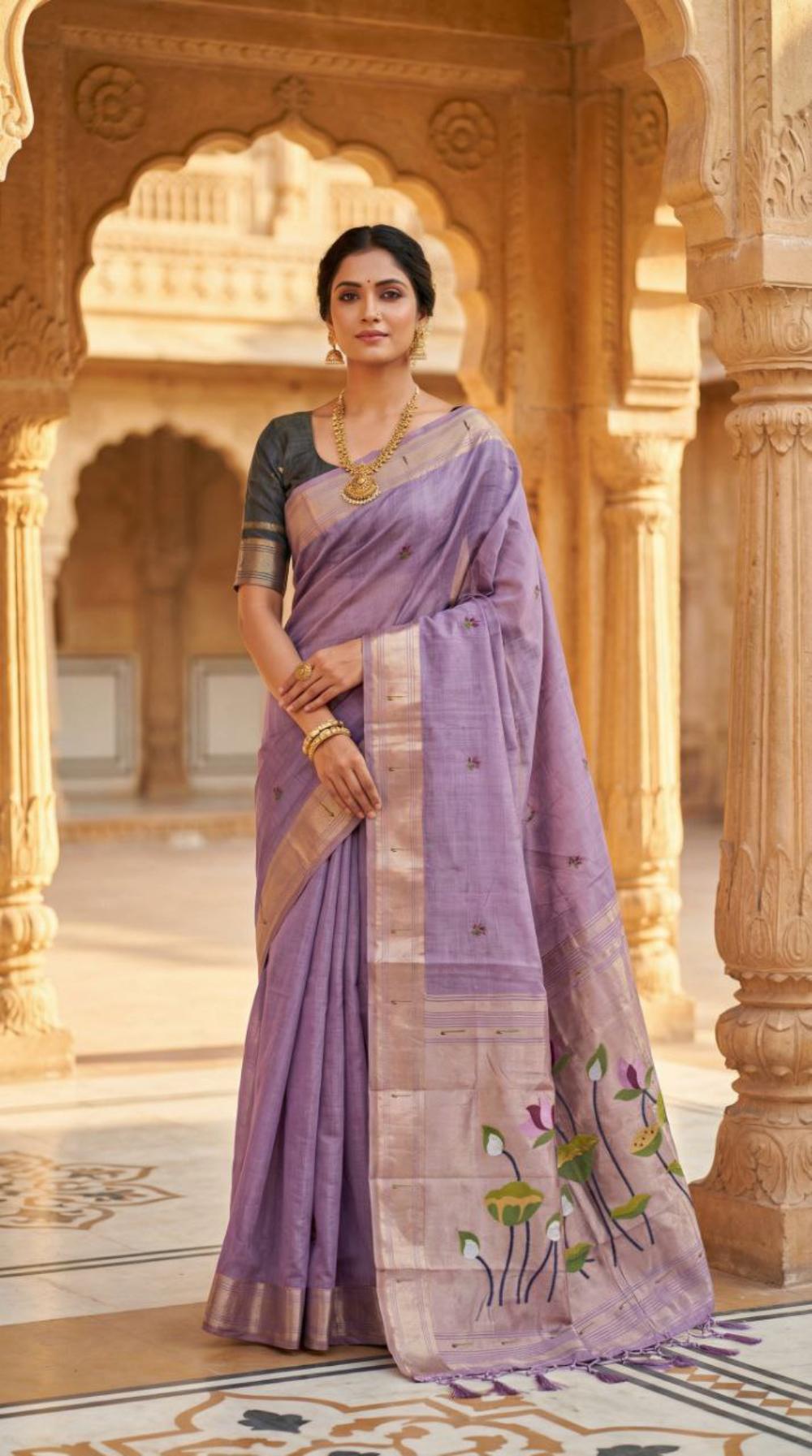 Mameraa Sarees Soft Pure Muga Cotton Saree With Meenakari Weaving Motifs And Contrast Blouse-Lavender | Grocsy
