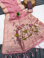 Mameraa Sarees Soft Pure Muga Cotton Saree With Meenakari Weaving Motifs And Contrast Blouse-Baby_Pink | Grocsy