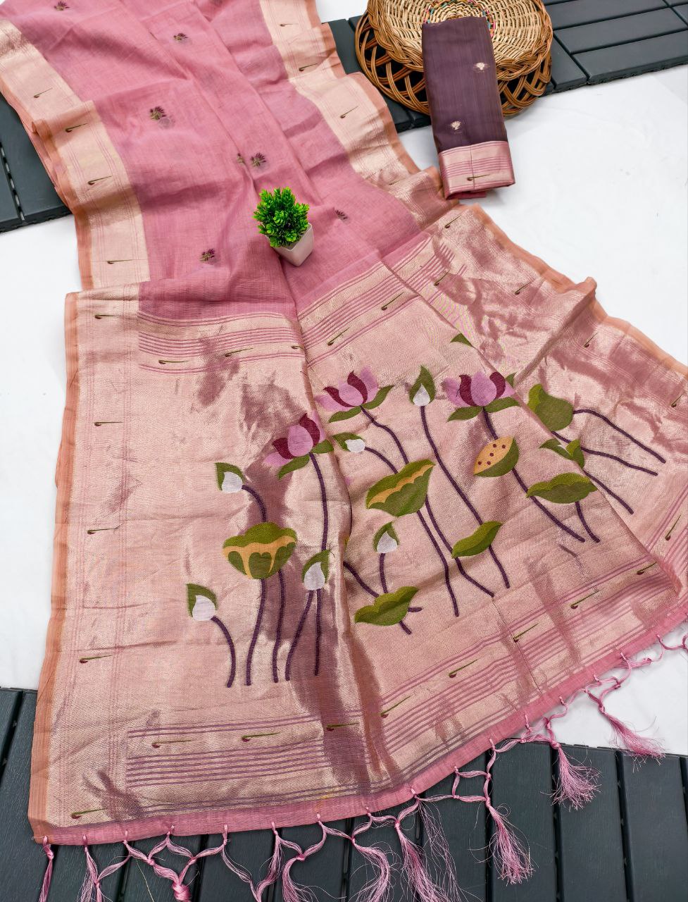 Mameraa Sarees Soft Pure Muga Cotton Saree With Meenakari Weaving Motifs And Contrast Blouse-Baby_Pink | Grocsy