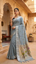 Mameraa Sarees Soft Pure Muga Cotton Saree With Meenakari Weaving Motifs And Contrast Blouse-Sky_Blue | Grocsy