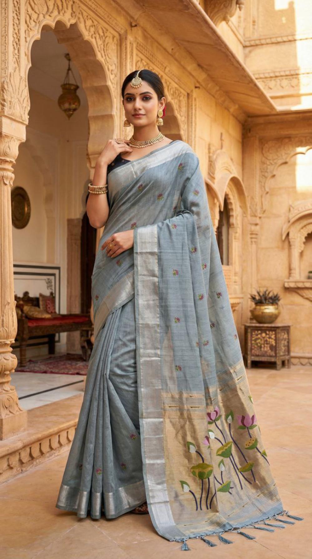 Mameraa Sarees Soft Pure Muga Cotton Saree With Meenakari Weaving Motifs And Contrast Blouse-Sky_Blue | Grocsy