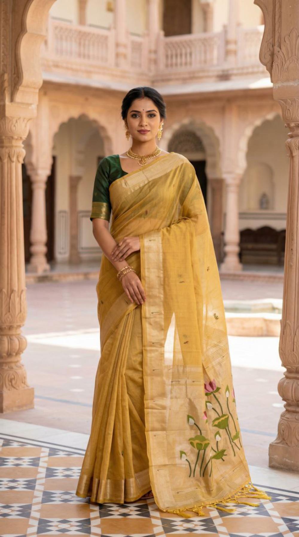 Mameraa Sarees Soft Pure Muga Cotton Saree With Meenakari Weaving Motifs And Contrast Blouse-Yellow | Grocsy