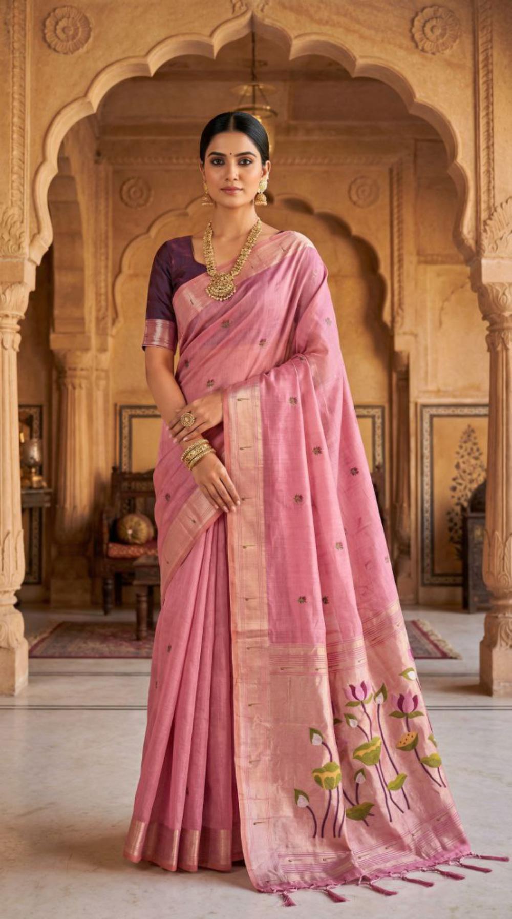 Mameraa Sarees Soft Pure Muga Cotton Saree With Meenakari Weaving Motifs And Contrast Blouse-Baby_Pink | Grocsy