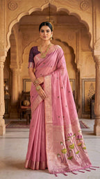 Mameraa Sarees Soft Pure Muga Cotton Saree With Meenakari Weaving Motifs And Contrast Blouse-Baby_Pink | Grocsy