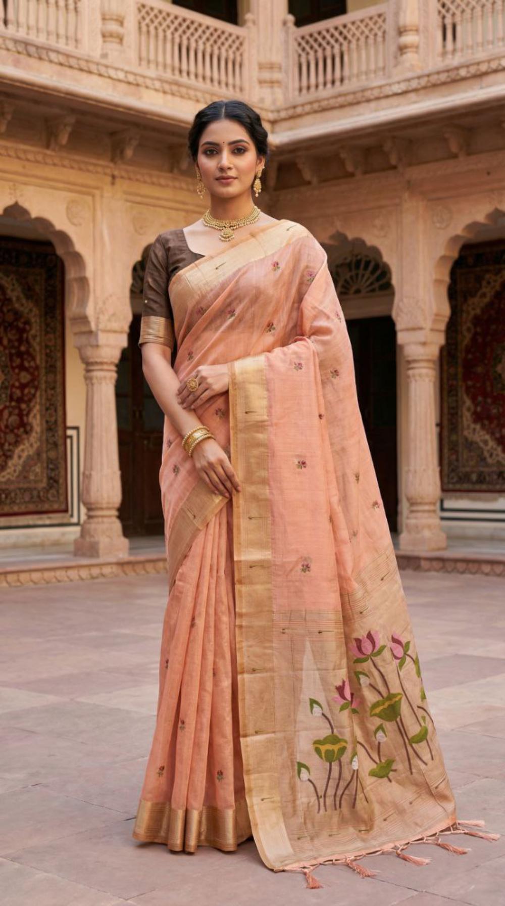 Mameraa Sarees Soft Pure Muga Cotton Saree With Meenakari Weaving Motifs And Contrast Blouse-Peach | Grocsy