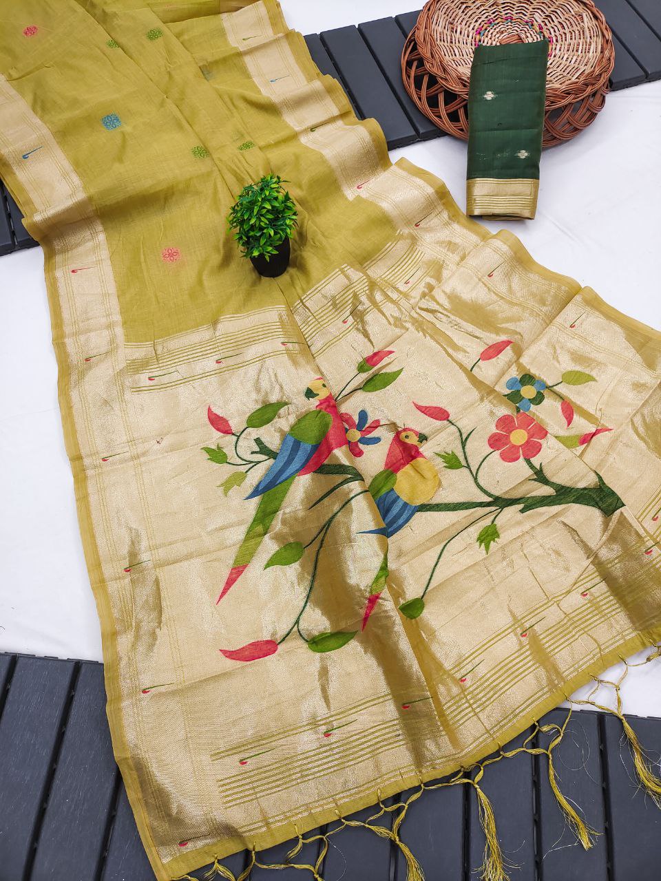 Mameraa Sarees Soft Pure Muga Cotton Saree With Meenakari Weaving Motifs And Contrast Blouse-Yellow | Grocsy