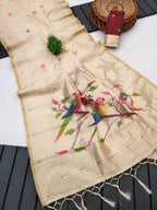 Mameraa Sarees Soft Pure Muga Cotton Saree With Meenakari Weaving Motifs And Contrast Blouse-Cream | Grocsy
