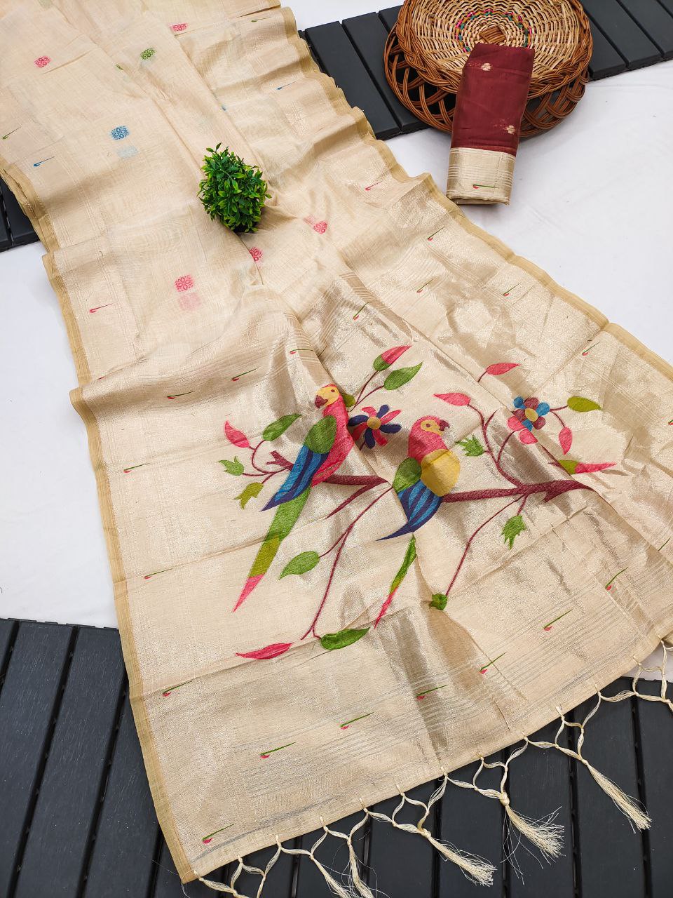 Mameraa Sarees Soft Pure Muga Cotton Saree With Meenakari Weaving Motifs And Contrast Blouse-Cream | Grocsy