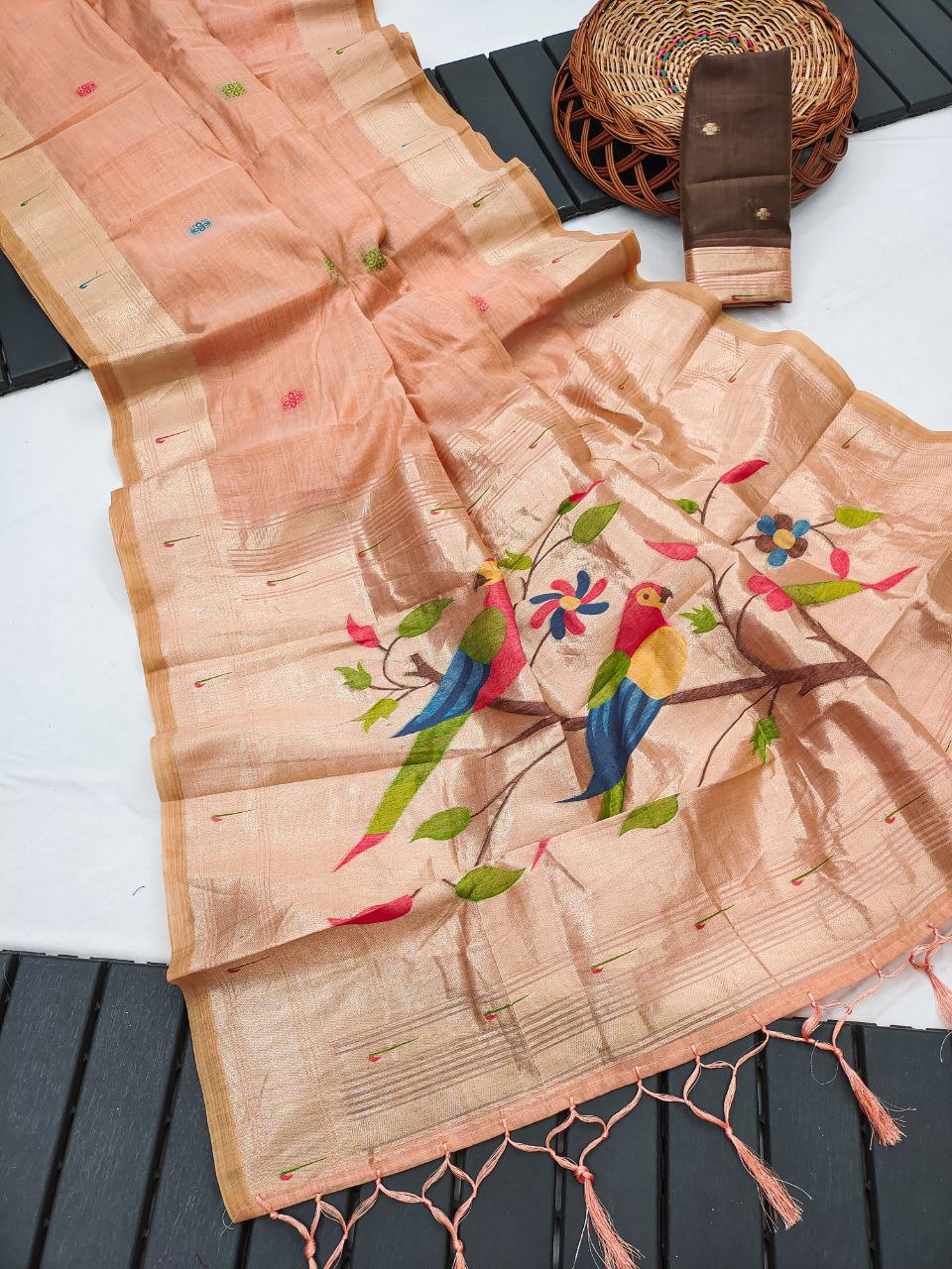 Mameraa Sarees Soft Pure Muga Cotton Saree With Meenakari Weaving Motifs And Contrast Blouse-Peach | Grocsy