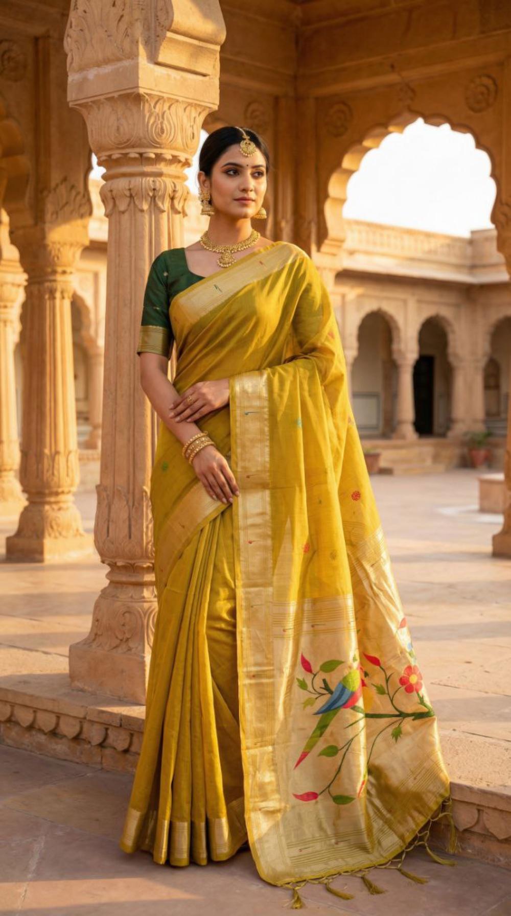 Mameraa Sarees Soft Pure Muga Cotton Saree With Meenakari Weaving Motifs And Contrast Blouse-Yellow | Grocsy