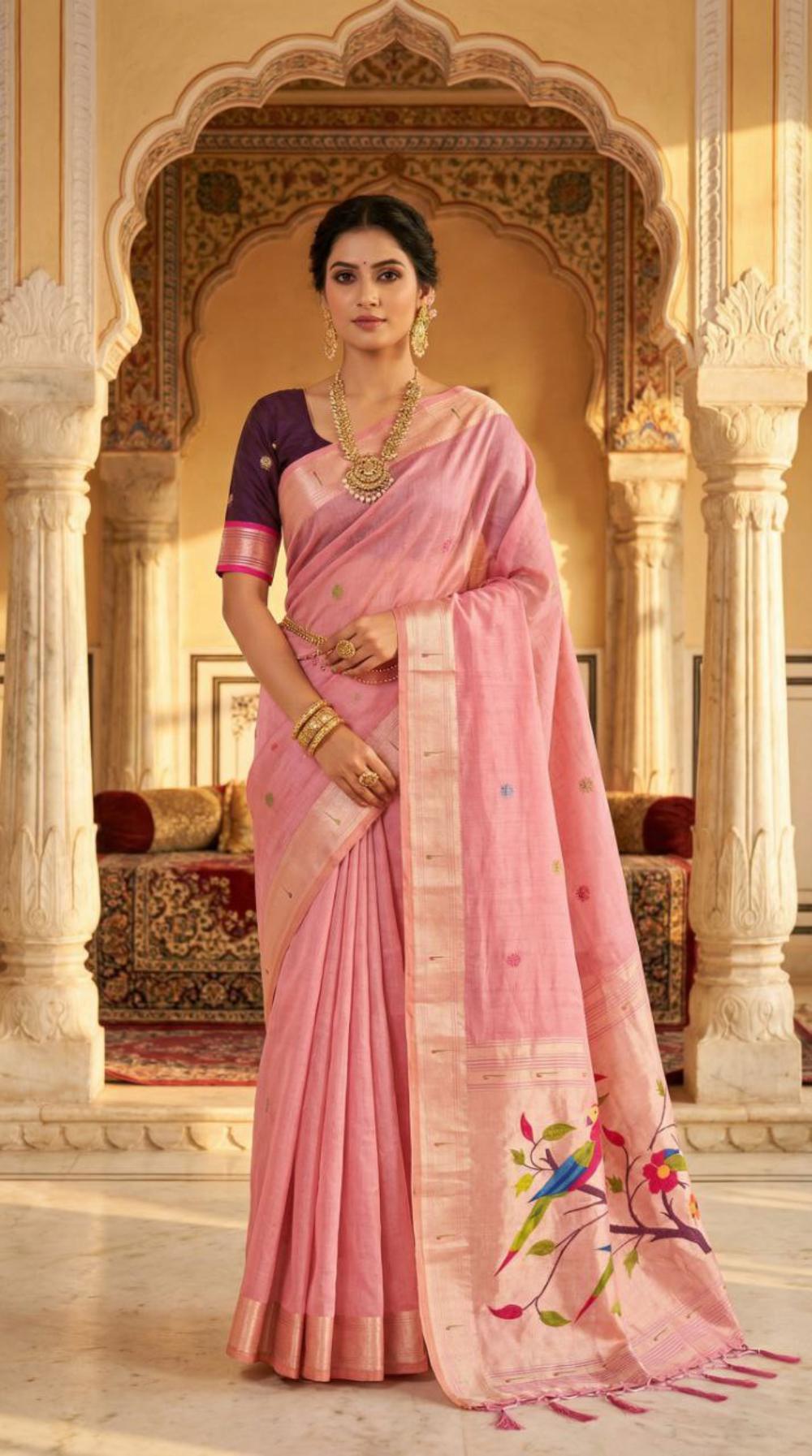 Mameraa Sarees Soft Pure Muga Cotton Saree With Meenakari Weaving Motifs And Contrast Blouse-Baby_Pink | Grocsy