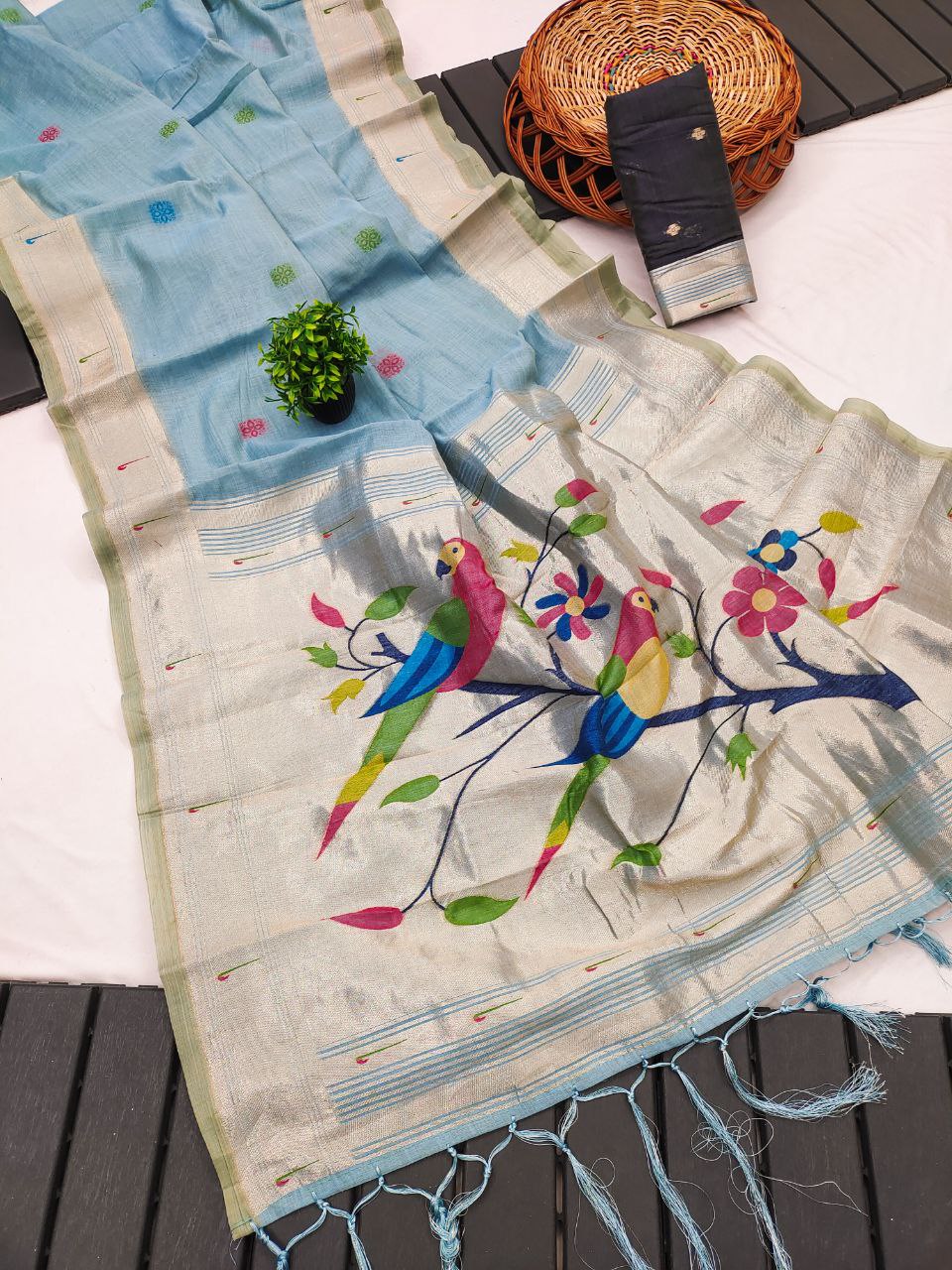 Mameraa Sarees Soft Pure Muga Cotton Saree With Meenakari Weaving Motifs And Contrast Blouse-Sky_Blue | Grocsy